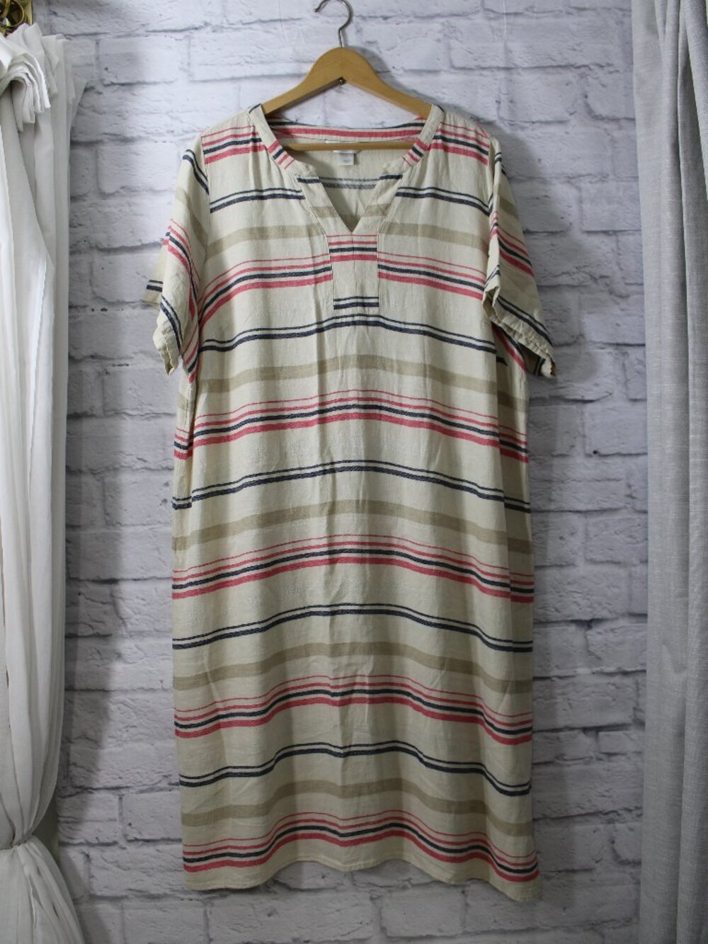CJ Banks Plus 1X Beige Striped V Neck Shortsleeve Linen Blend Summer Midi Dress